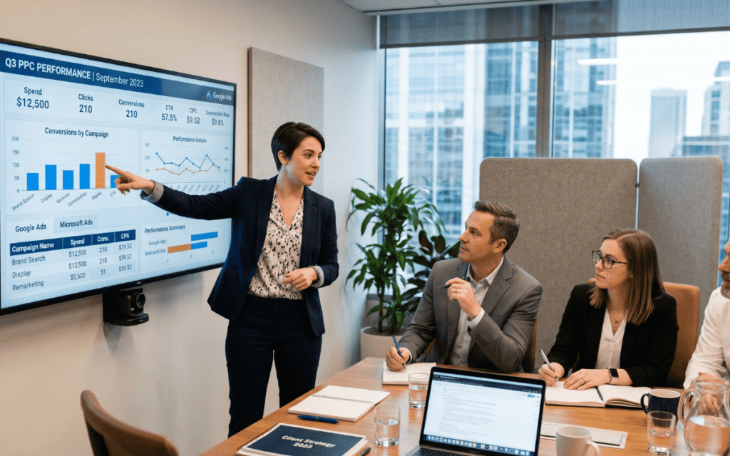 strategist pointing at a PPC dashboard